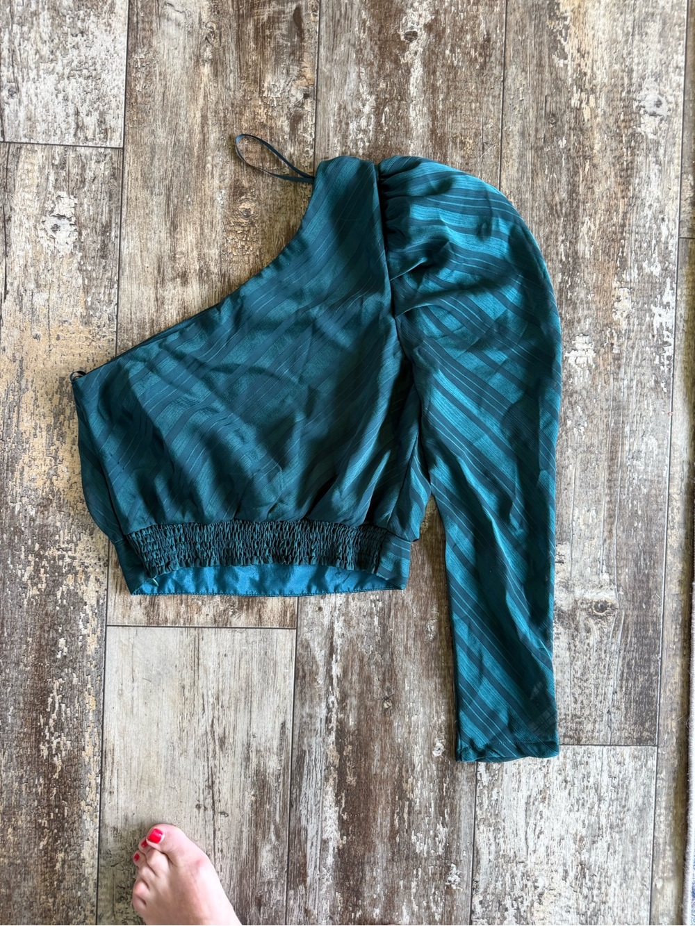 2 for $15 sale: DO+BE green asymmetrical one sleeve satin top - smocked waist - - Picture 5 of 5